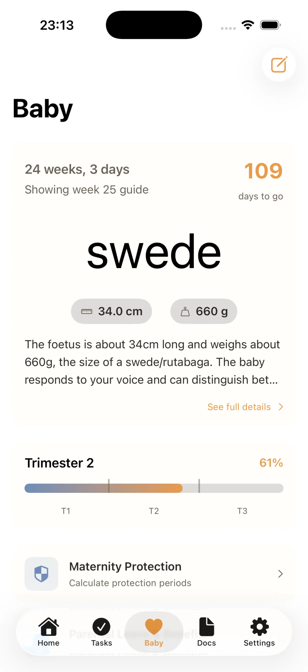 StorkBuro pregnancy tracker showing the current week, the baby's size comparison, length and weight, and trimester progress.
