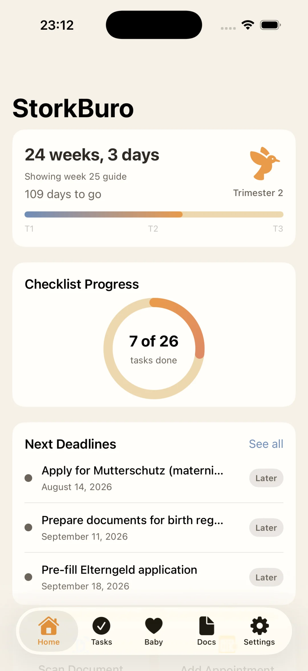 StorkBuro home screen showing the current pregnancy week, a trimester progress bar, checklist progress, and the next deadlines.