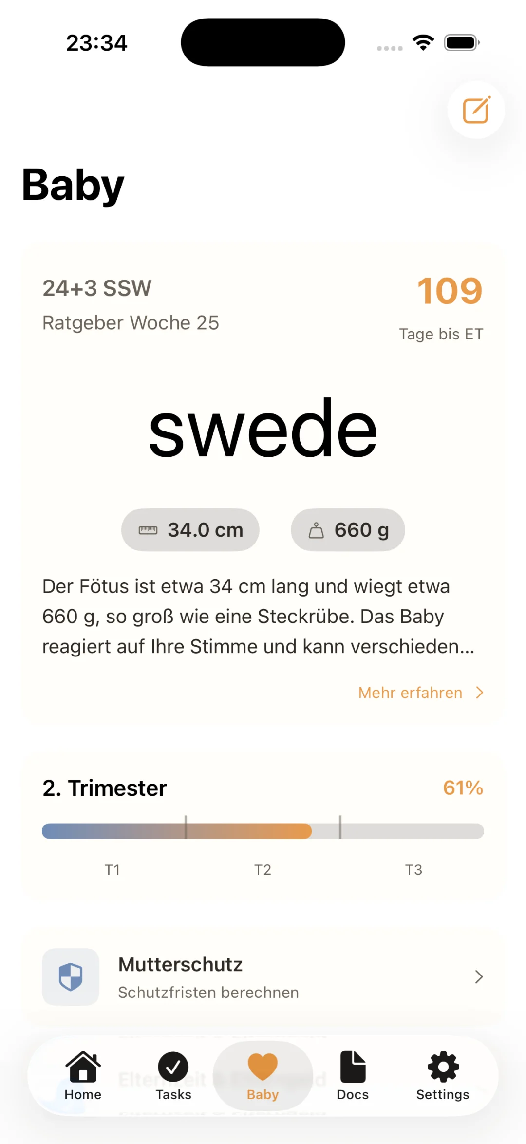 StorkBuro-Schwangerschafts-Tracker mit aktueller Woche, Größenvergleich des Babys, Länge und Gewicht sowie Trimester-Fortschritt.