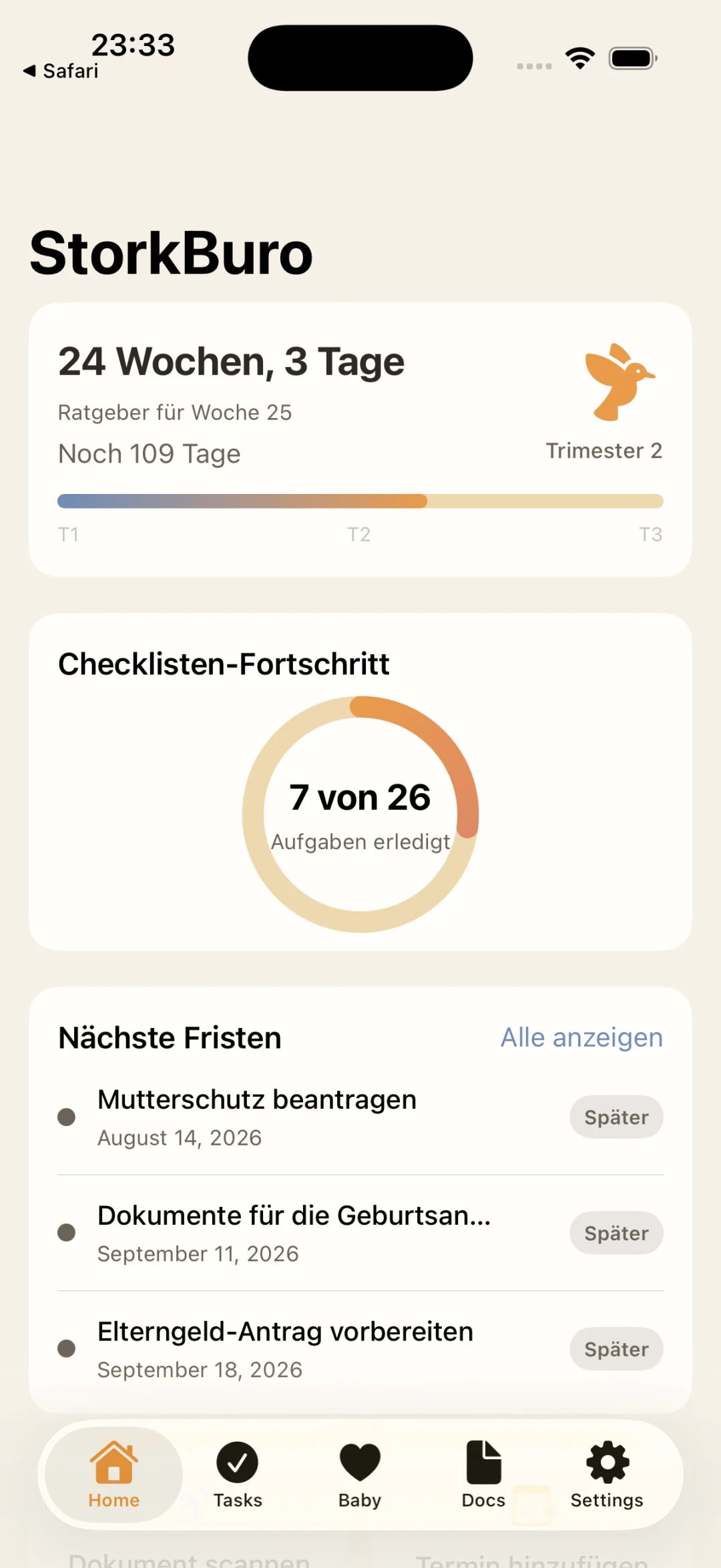 StorkBuro-Startbildschirm mit aktueller Schwangerschaftswoche, Trimester-Fortschritt, Checklisten-Fortschritt und den nächsten Fristen.