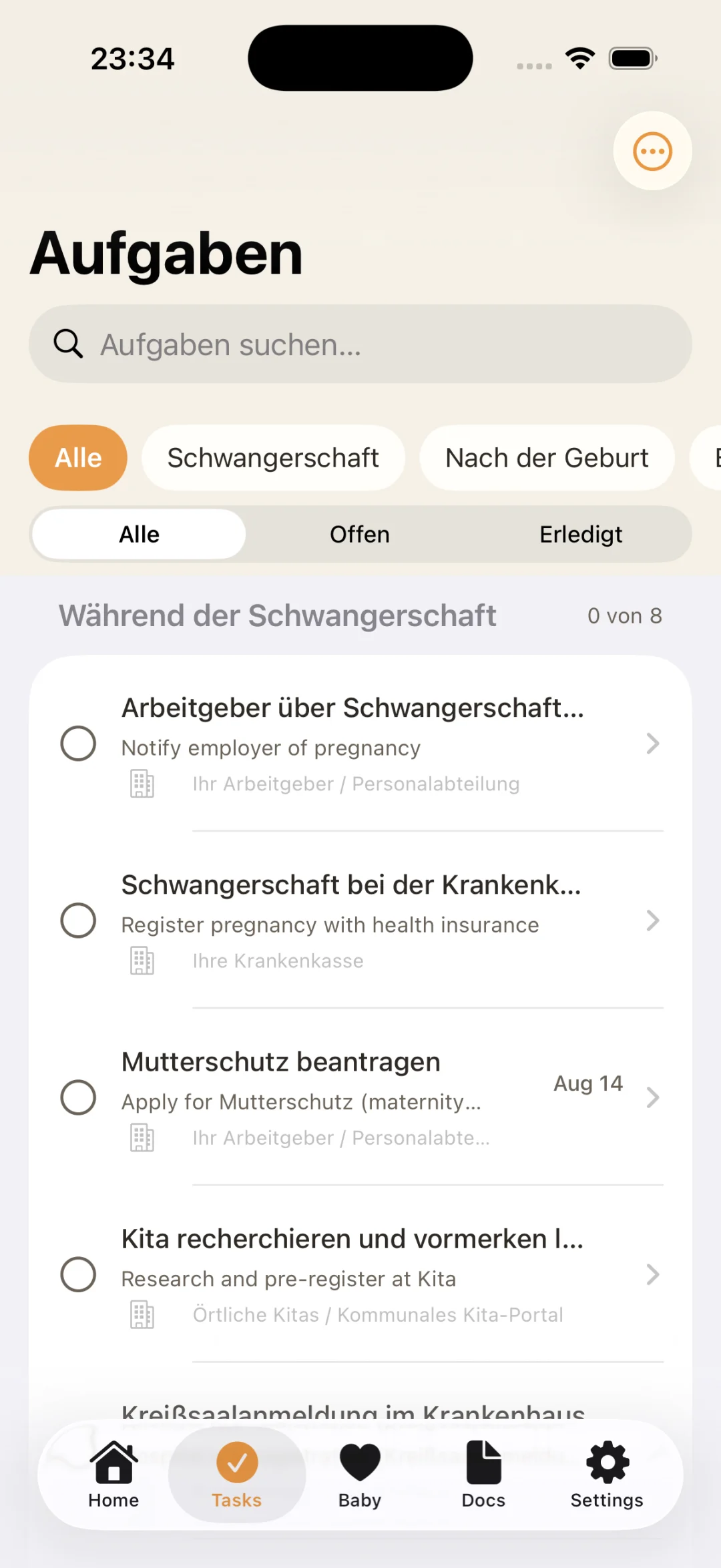 StorkBuro-Aufgabenbildschirm: eine zweisprachige Checkliste deutscher Behördengänge, jeweils mit Titel und offiziellem deutschen Begriff.