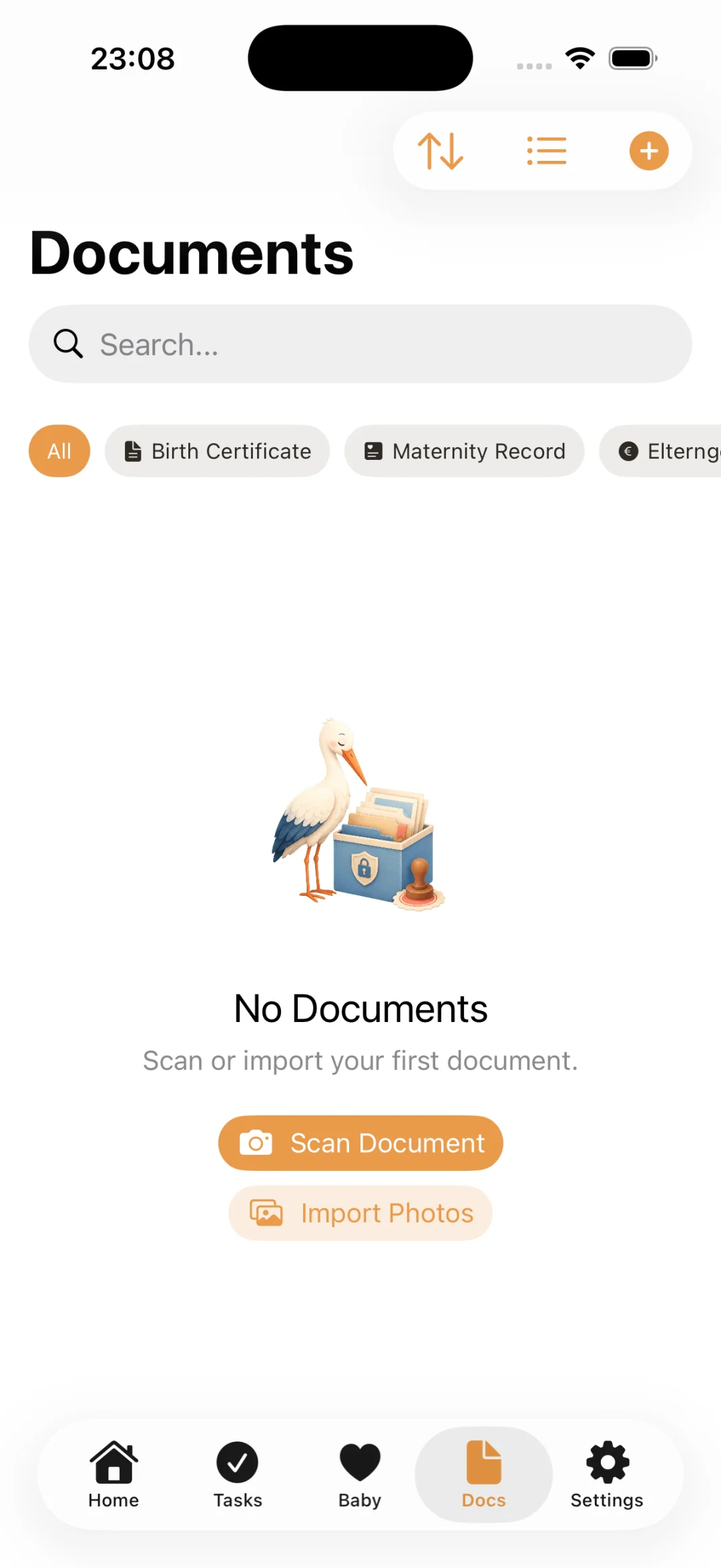 StorkBuro document vault with category filters for birth certificate and maternity record, ready to scan or import the first document.