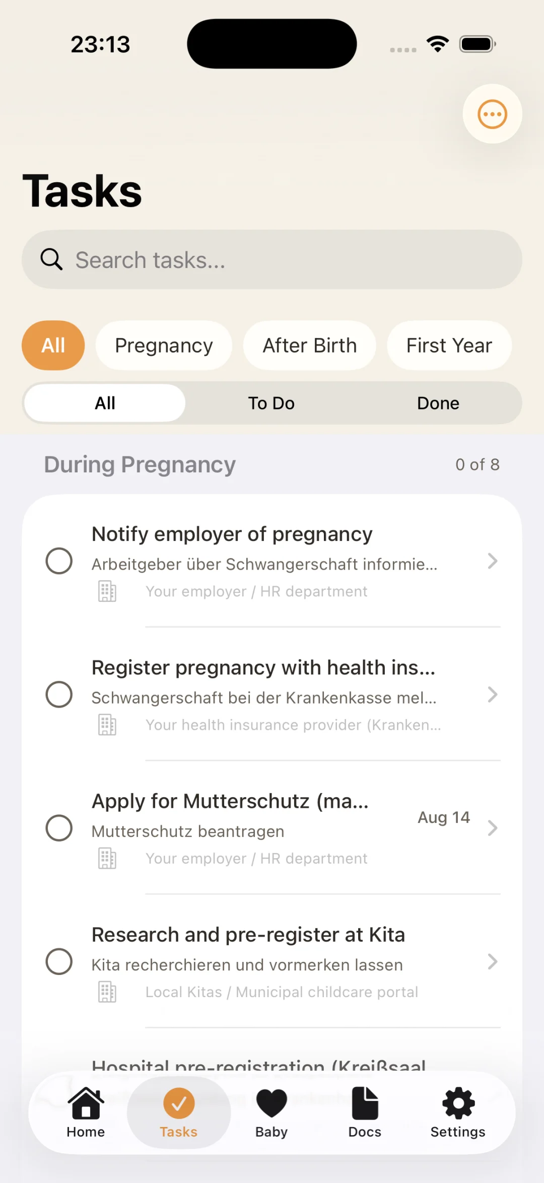 StorkBuro Tasks screen: a bilingual checklist of German bureaucratic tasks, each with its English title and German term.